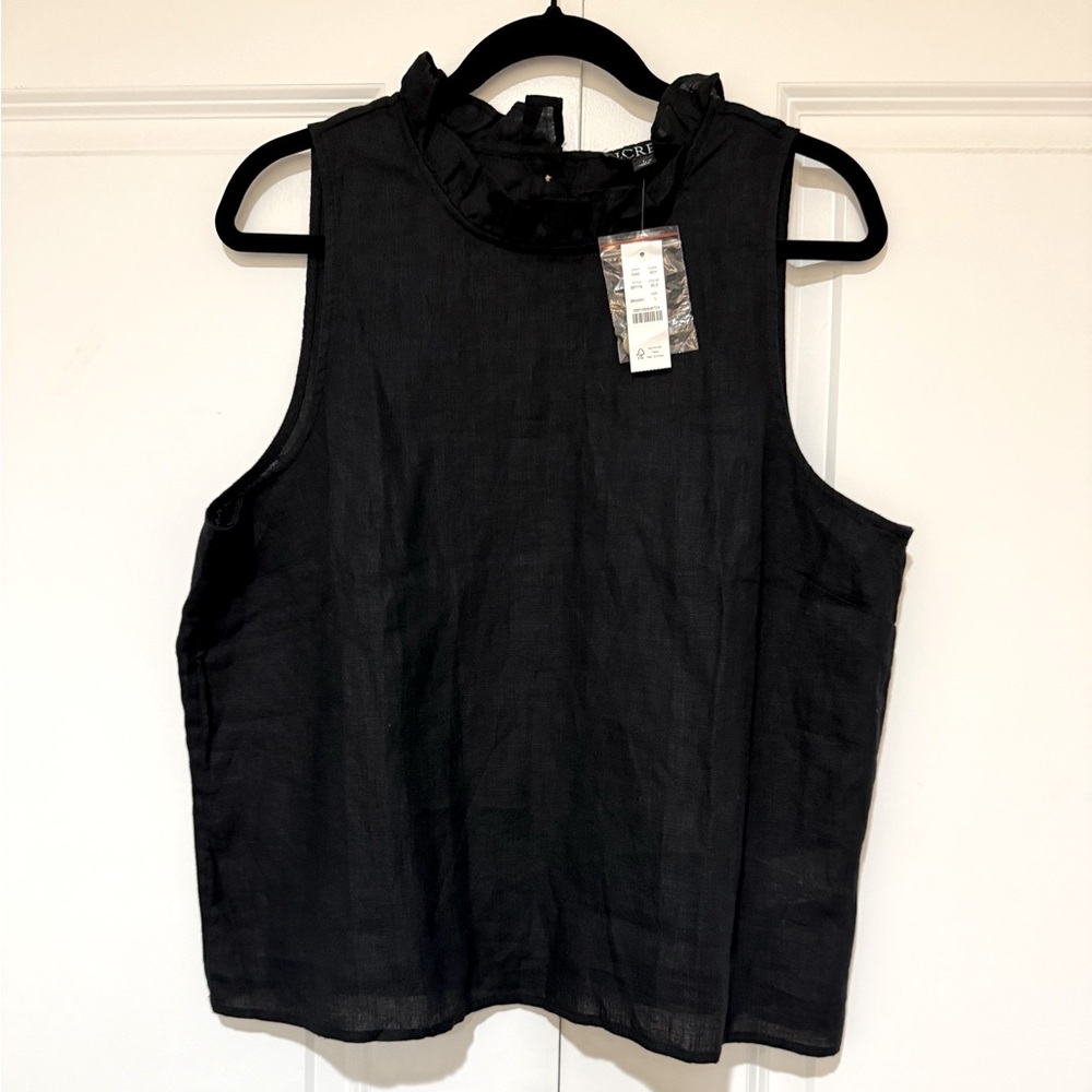 J. Crew Fleur Black Sleeveless Ruffle Neck Tank Top